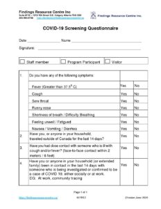 COVID 19 Screening questionnaire Findings Resource Centre Calgary